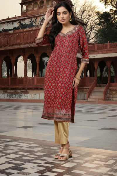Jazzy Maroon Printed Straight Kurta with  Neck Embroidery