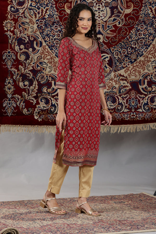 Maroon Abstract Print Sequined Straight Woven Kurta