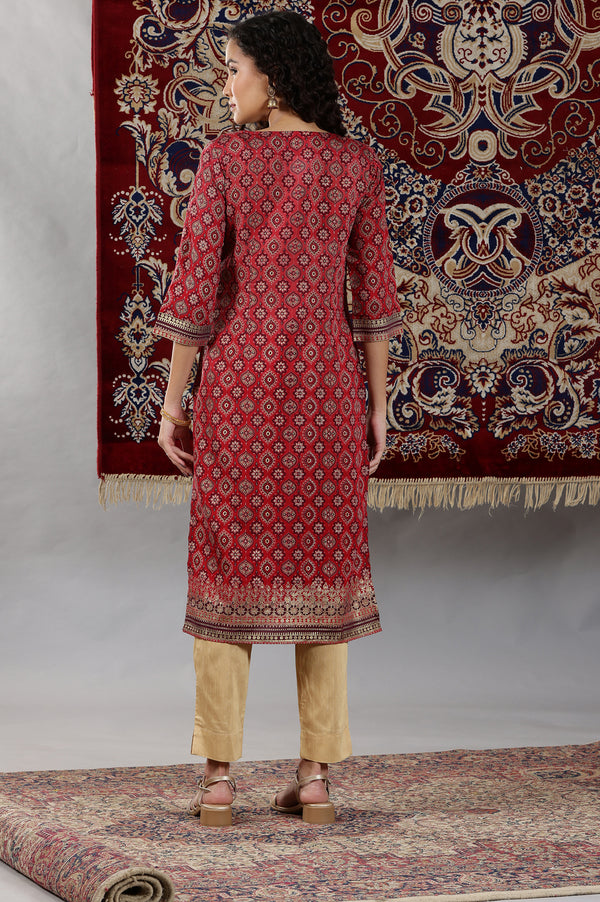 Maroon Abstract Print Sequined Straight Woven Kurta