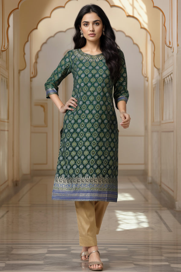 Green Abstract Printed Straight Kurta with Embroidered Neck