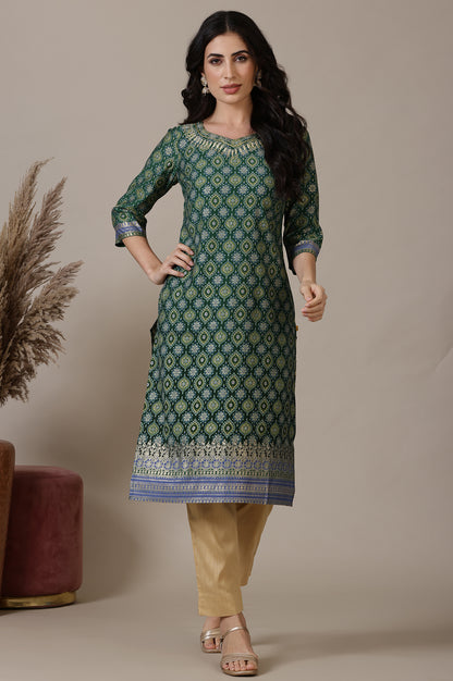 Green Abstract Printed Straight Kurta with Embroidered Neck