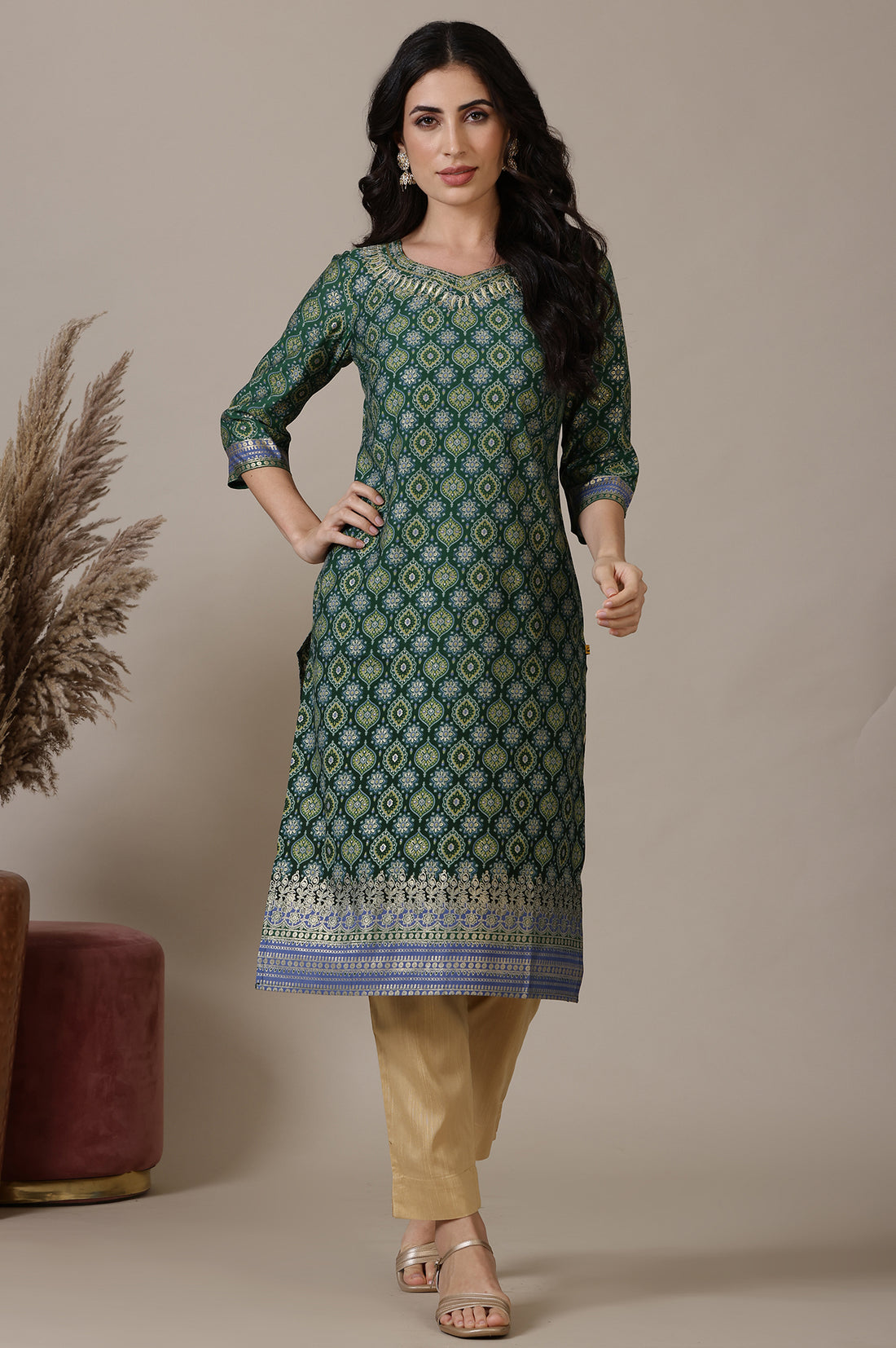Green Abstract Print Sequined Straight Woven Kurta