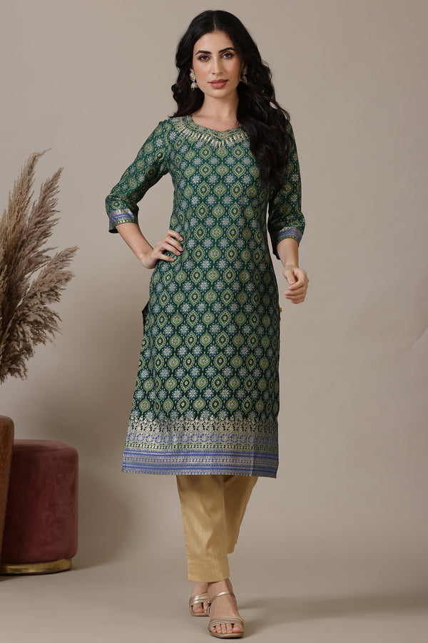 Green Abstract Print Sequined Straight Woven Kurta