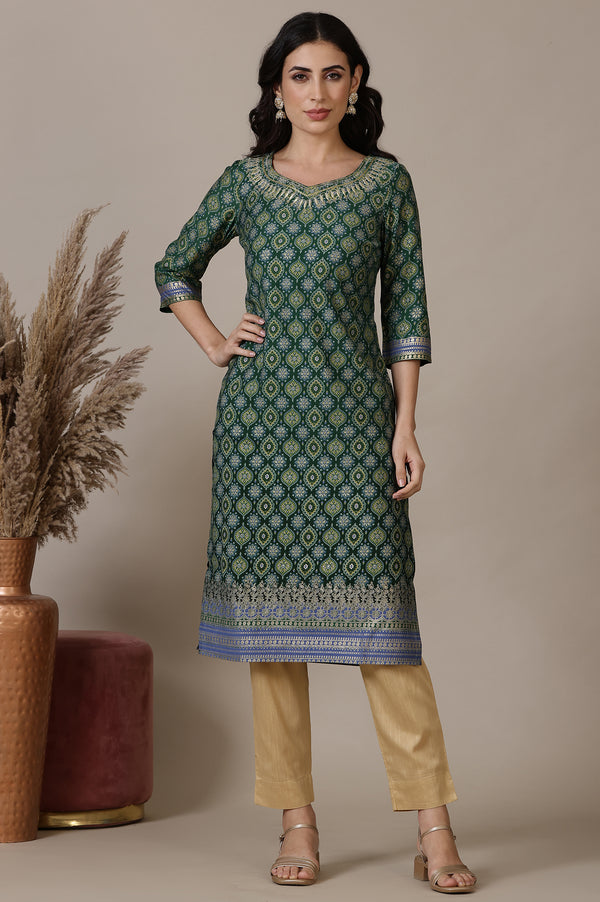 Green Abstract Printed Straight Kurta with Embroidered Neck