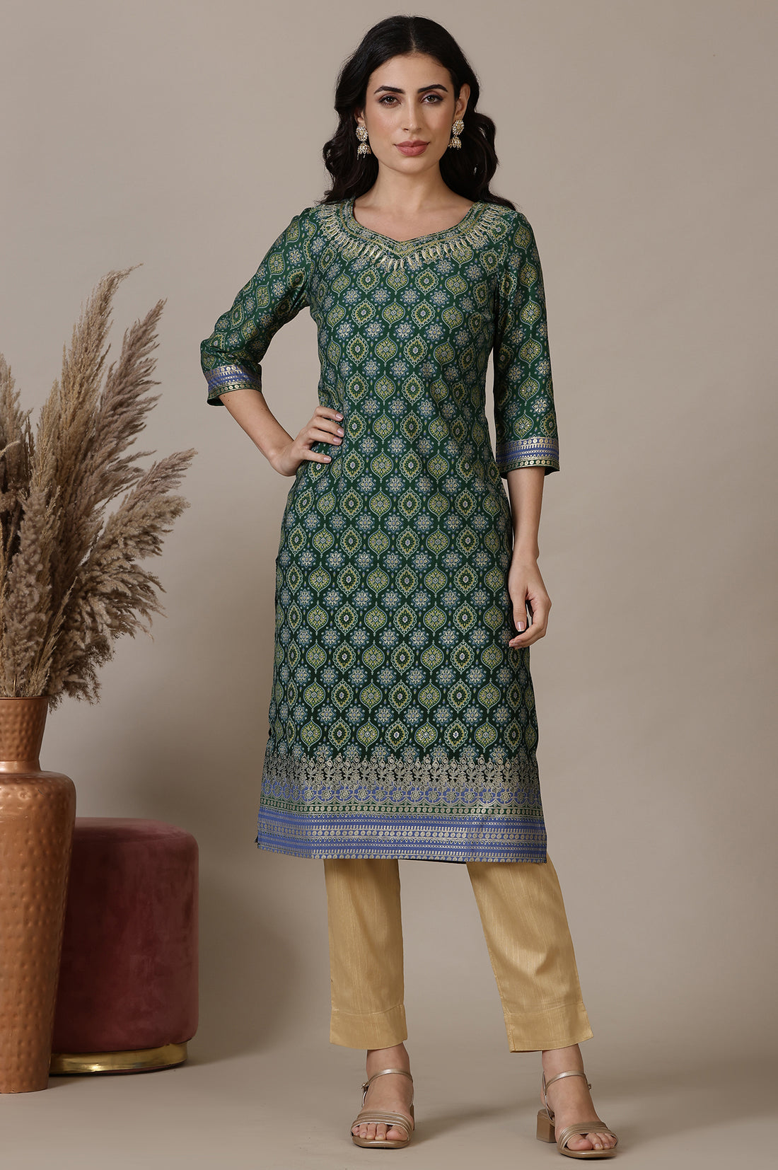Green Abstract Print Sequined Straight Woven Kurta