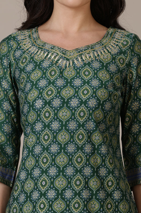 Green Abstract Print Sequined Straight Woven Kurta