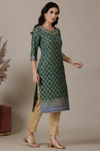 Green Abstract Print Sequined Straight Woven Kurta
