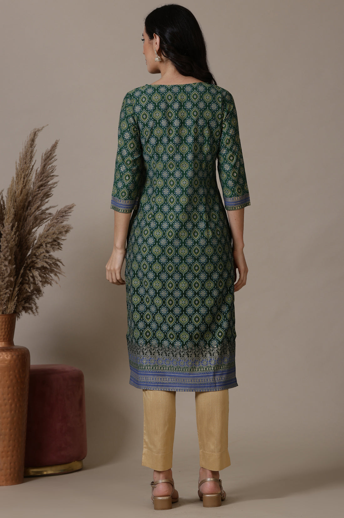 Green Abstract Print Sequined Straight Woven Kurta