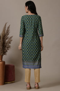 Green Abstract Print Sequined Straight Woven Kurta