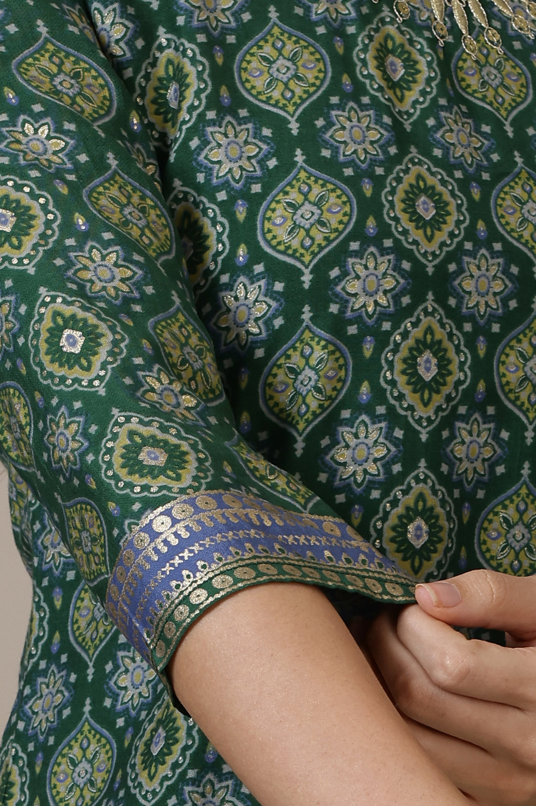 Green Abstract Print Sequined Straight Woven Kurta