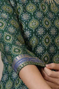 Green Abstract Print Sequined Straight Woven Kurta