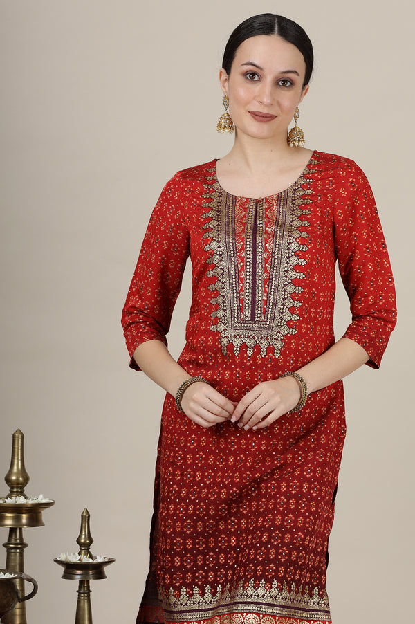 Red Ombre Gold Foil Printed Straight Kurta