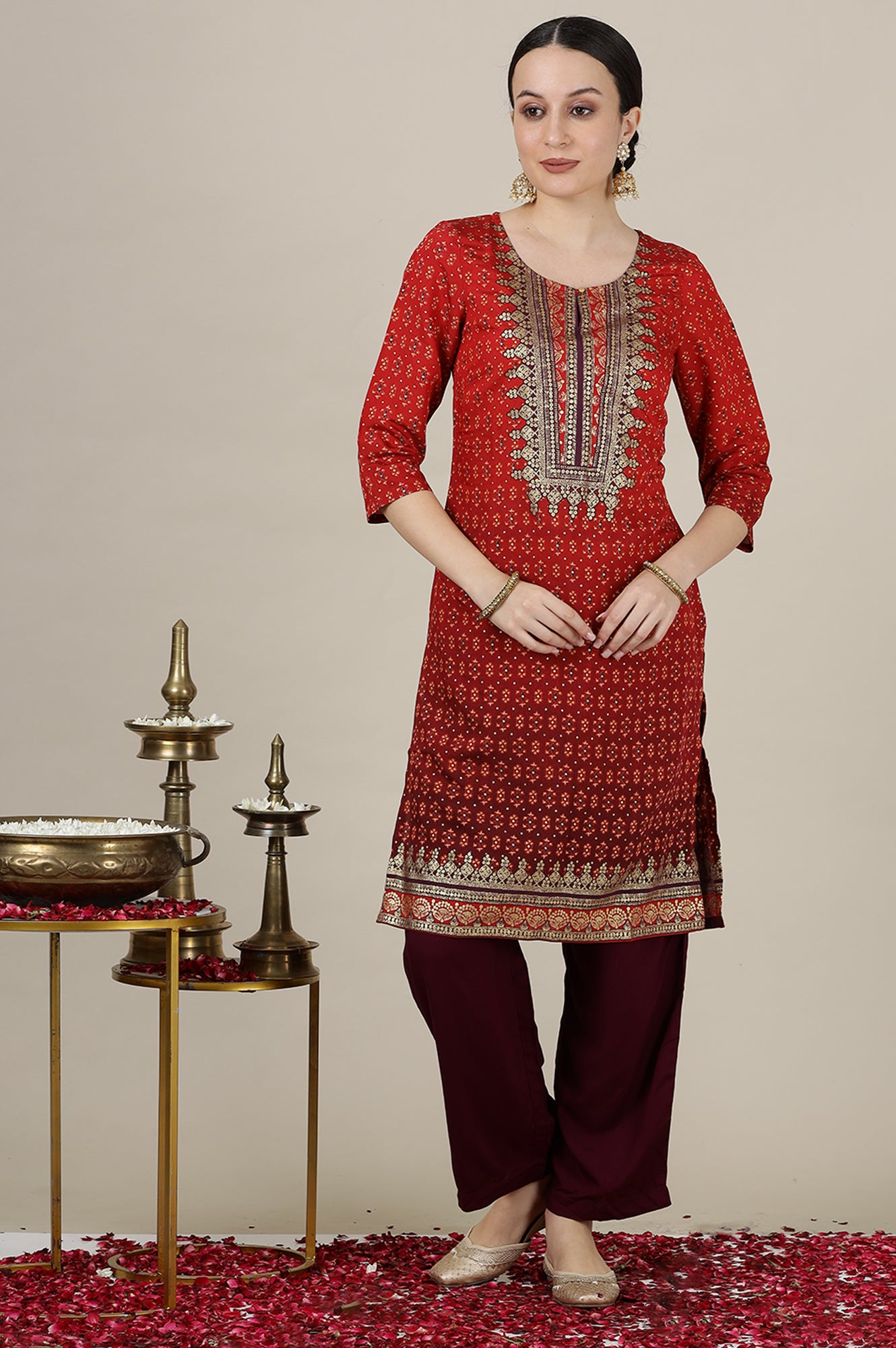 Red Ombre Gold Foil Printed Straight Kurta