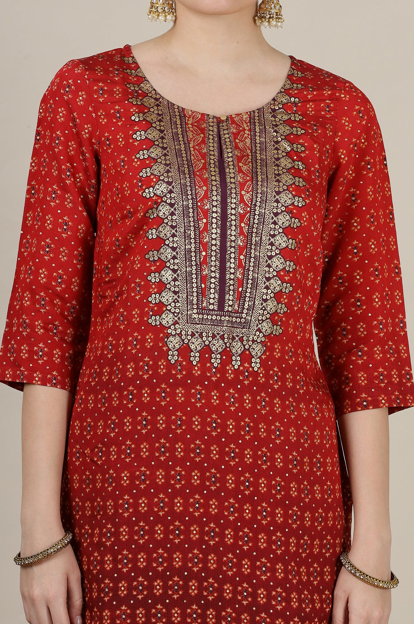 Red Ombre Gold Foil Printed Straight Kurta