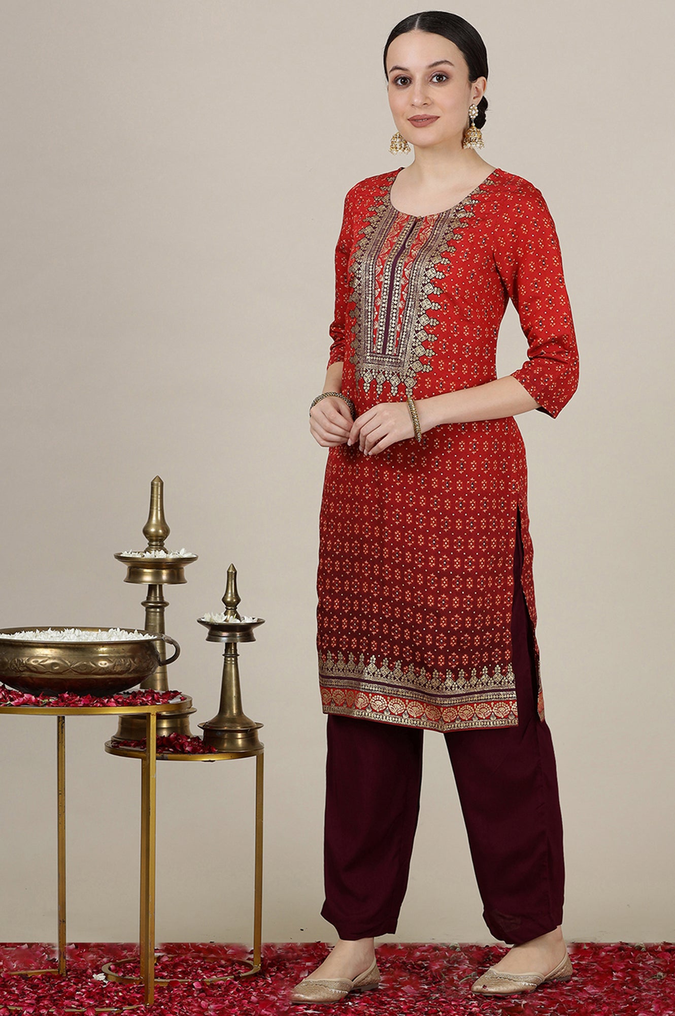 Red Ombre Gold Foil Printed Straight Kurta