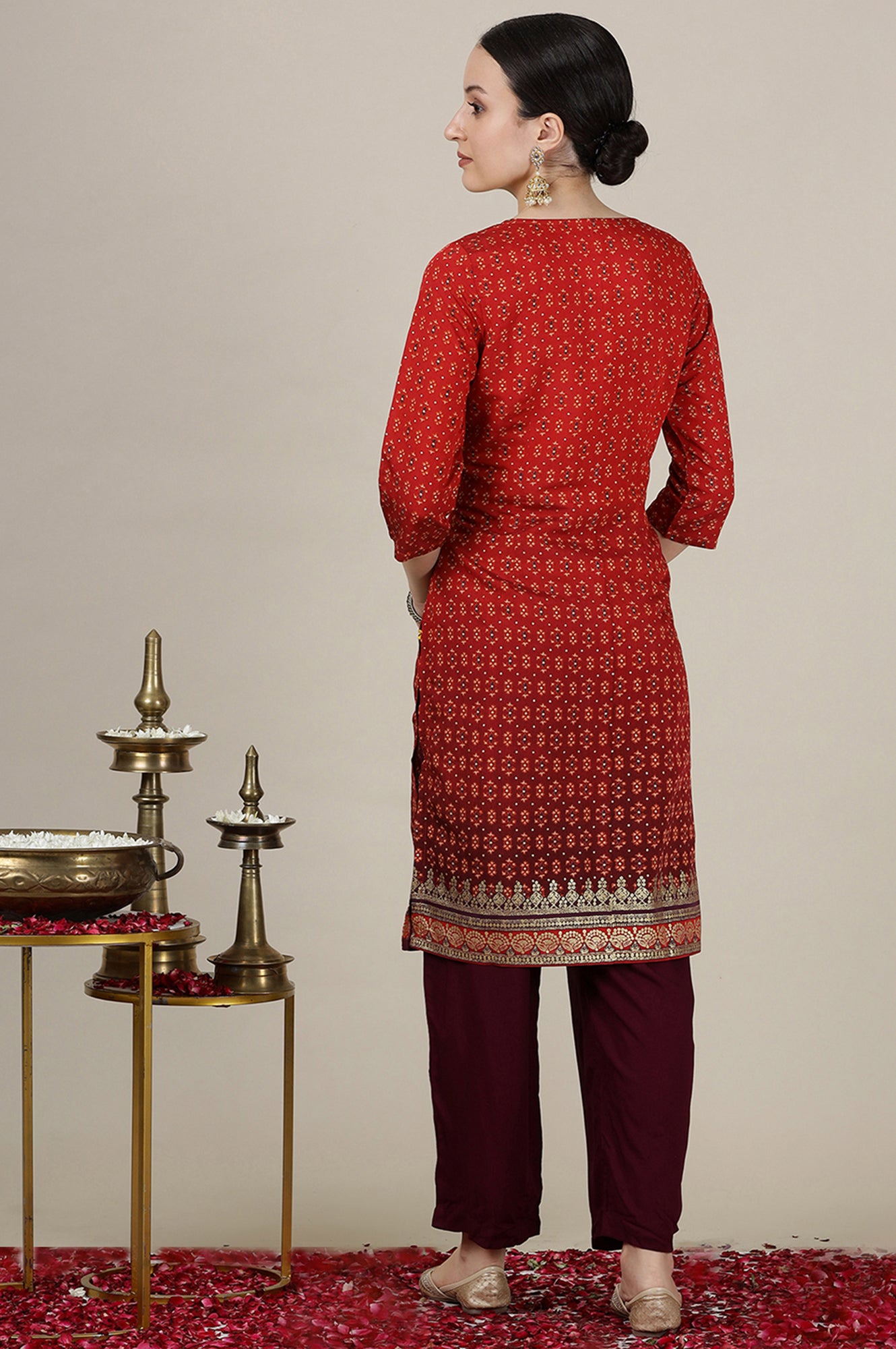 Red Ombre Gold Foil Printed Straight Kurta