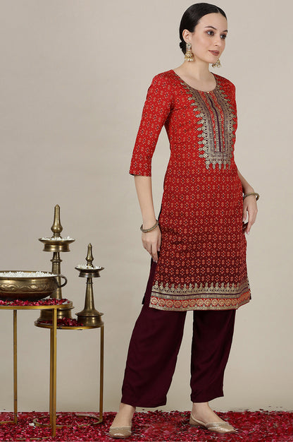 Red Ombre Gold Foil Printed Straight Kurta