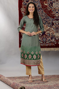 Green Abstract Ombre Printed Sequined Straight Kurta