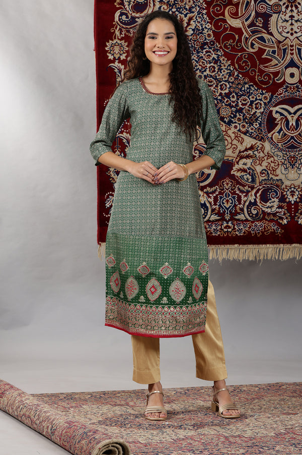 Green Abstract Ombre Printed Sequined Straight Kurta