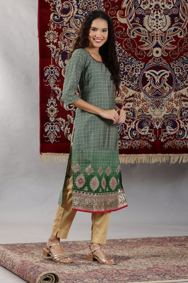 Green Abstract Ombre Printed Sequined Straight Kurta