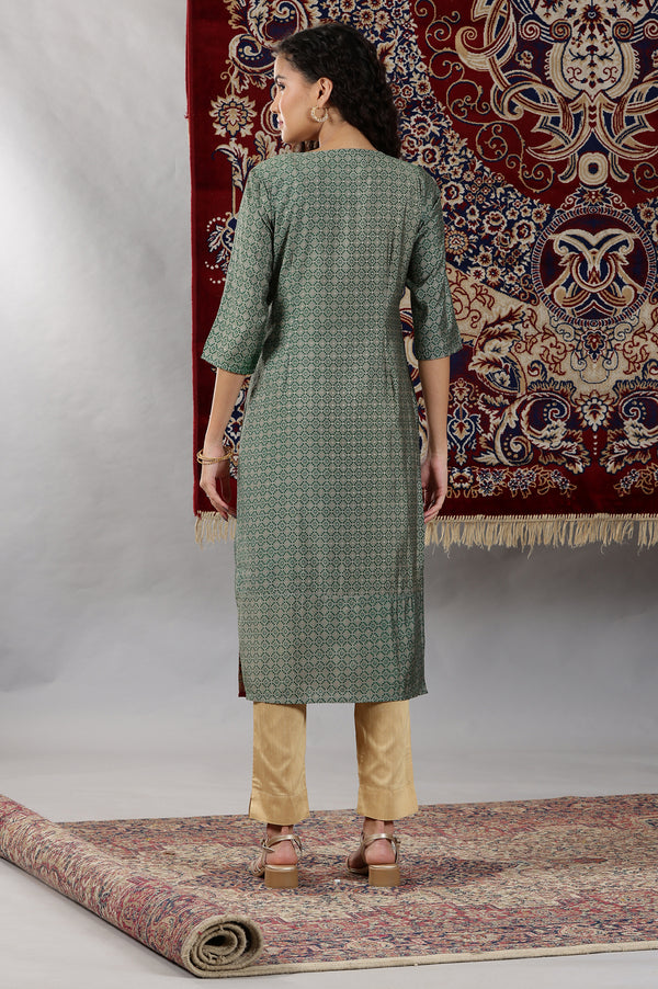Green Abstract Ombre Printed Sequined Straight Kurta