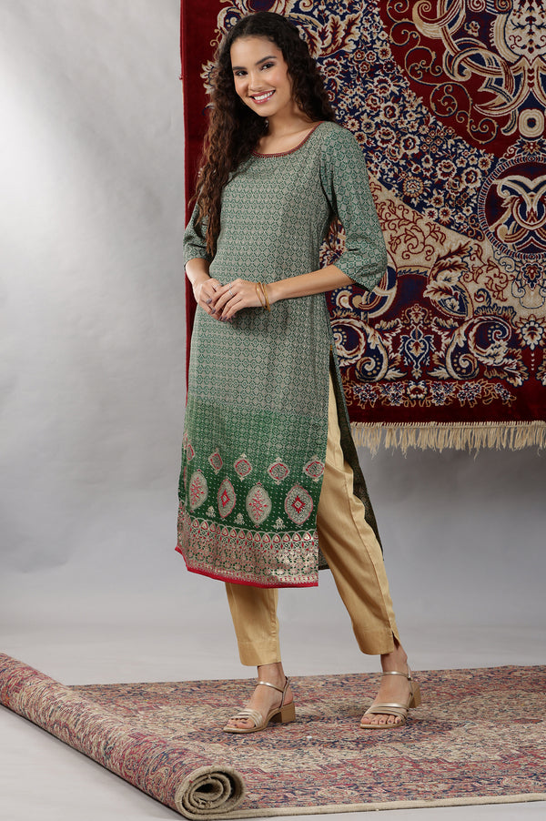 Green Abstract Ombre Printed Sequined Straight Kurta