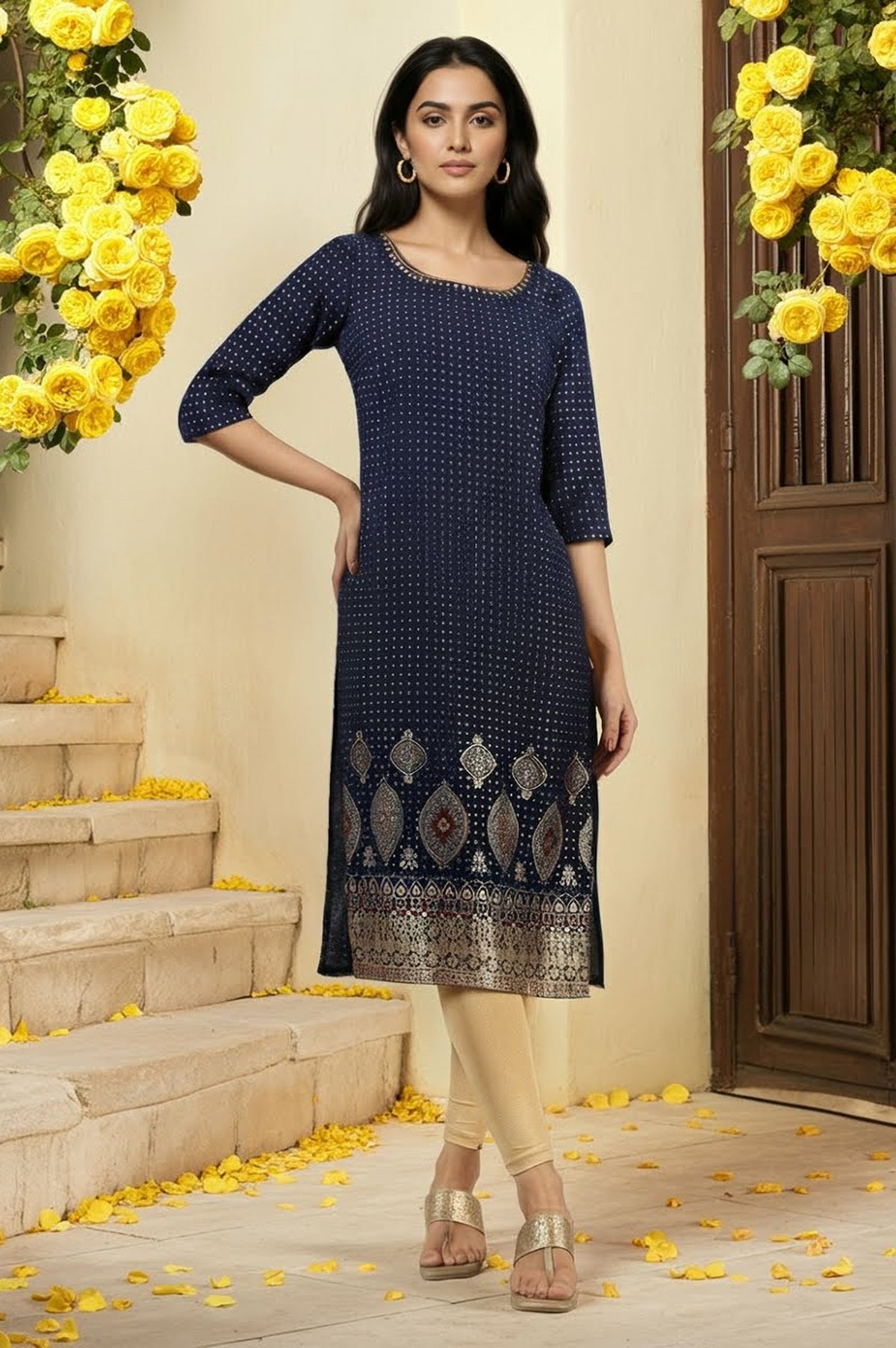 Blue Printed Sequins Straight Kurta - S