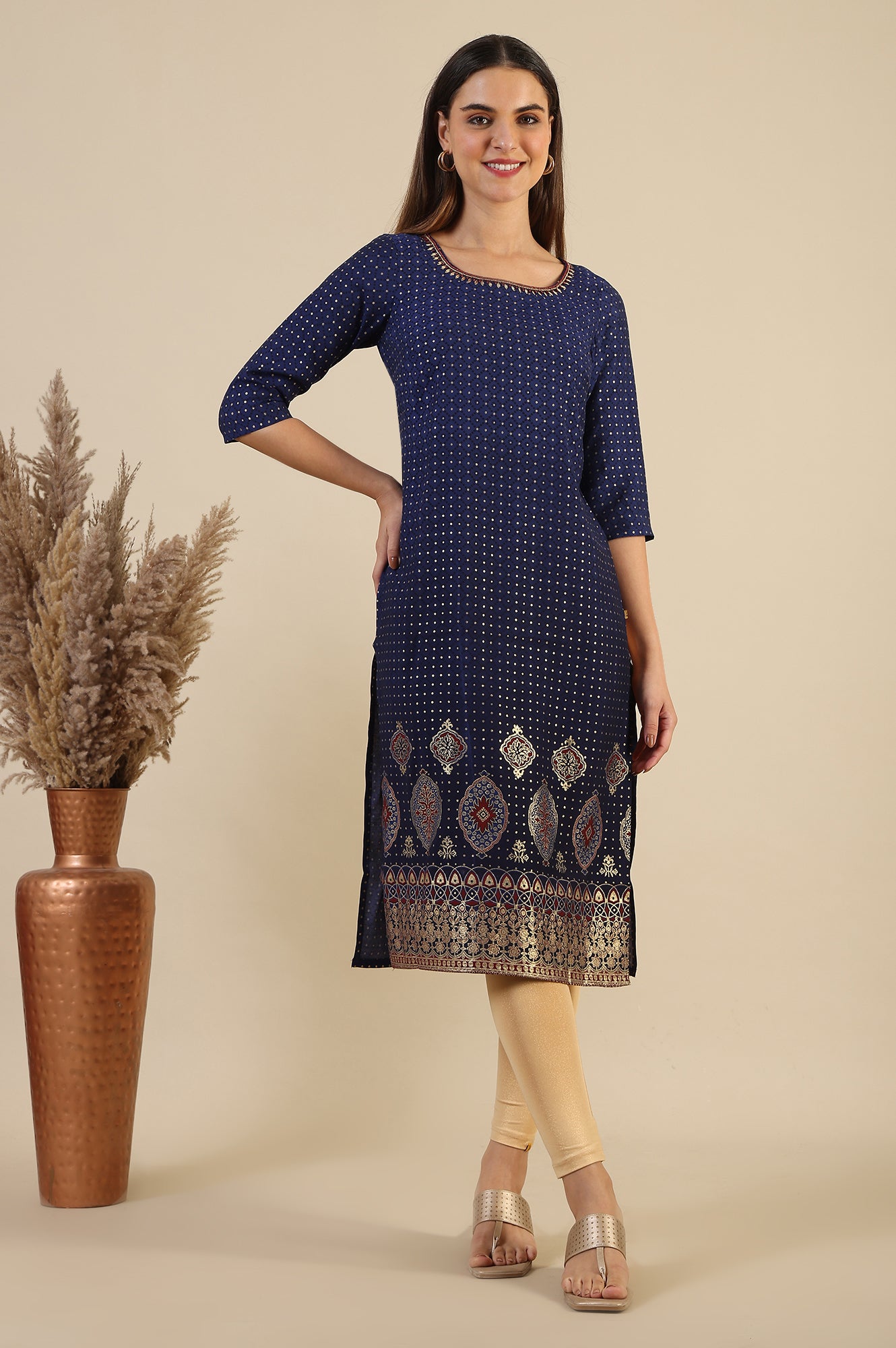 Blue Printed Sequins Straight Kurta