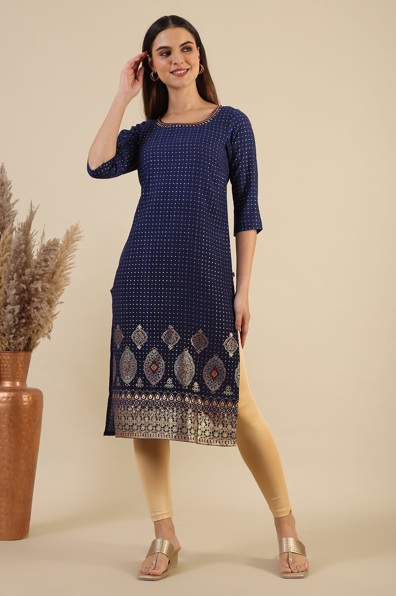 Blue Printed Sequins Straight Kurta