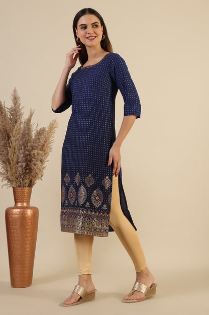 Blue Printed Sequins Straight Kurta