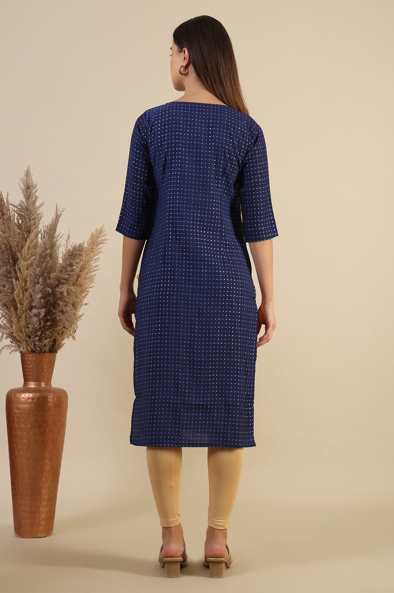 Blue Printed Sequins Straight Kurta