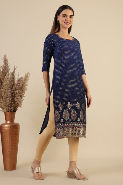 Blue Printed Sequins Straight Kurta