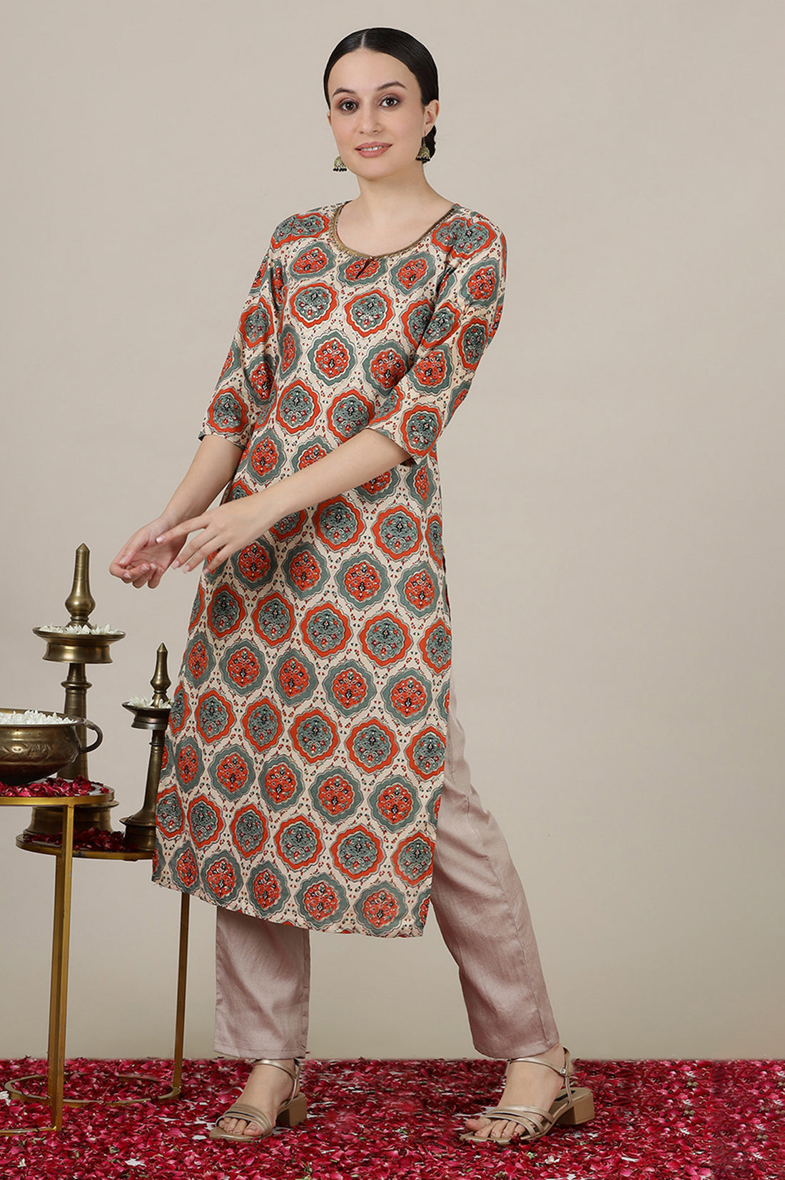Multi Abstract Ajrak Sequined Straight Rayon Kurta