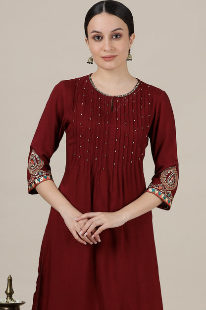 Maroon Sequined &amp; Embroidered Straight Kurta with Pleated Yoke