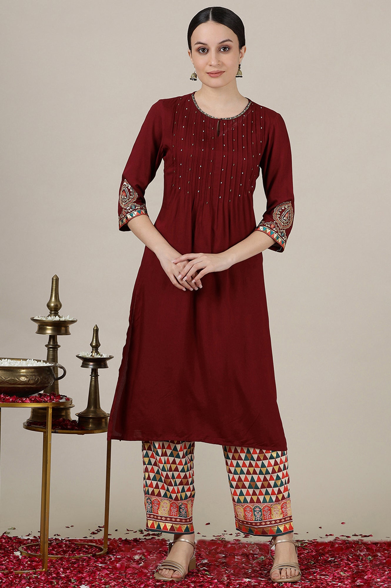 Maroon Sequined &amp; Embroidered Straight Kurta with Pleated Yoke