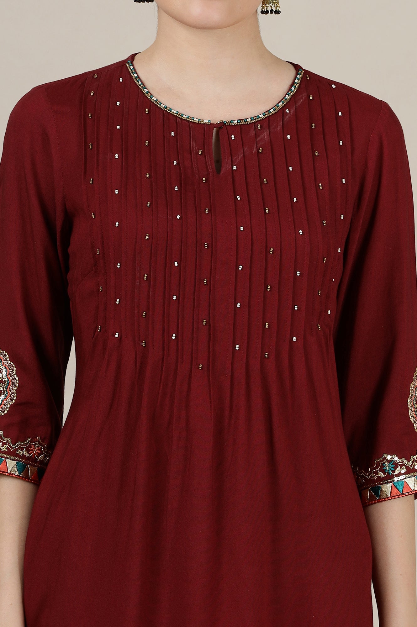 Maroon Sequined &amp; Embroidered Straight Kurta with Pleated Yoke