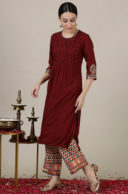 Maroon Sequined &amp; Embroidered Straight Kurta with Pleated Yoke