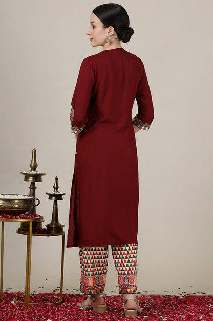 Maroon Sequined &amp; Embroidered Straight Kurta with Pleated Yoke