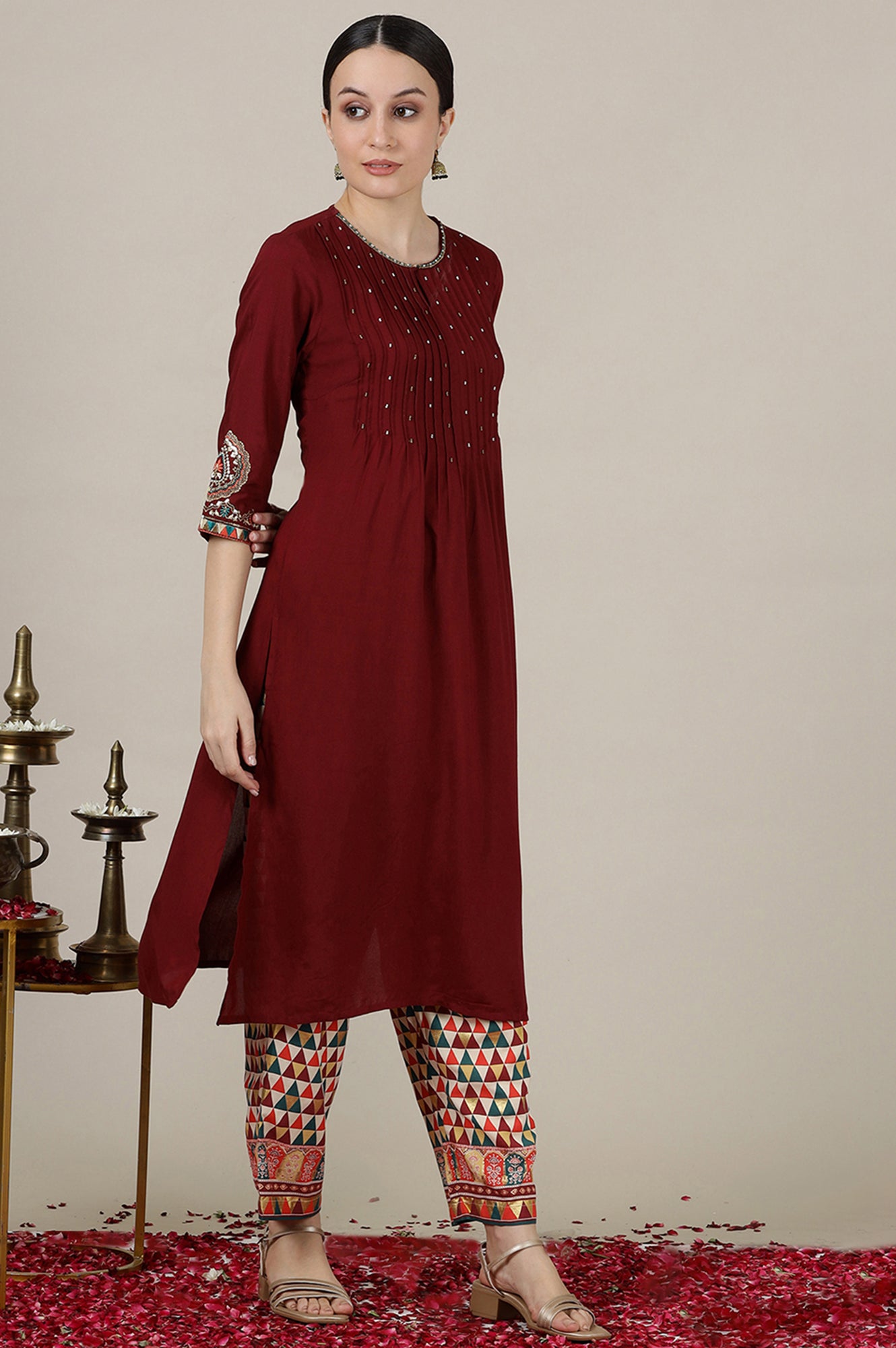 Maroon Sequined &amp; Embroidered Straight Kurta with Pleated Yoke