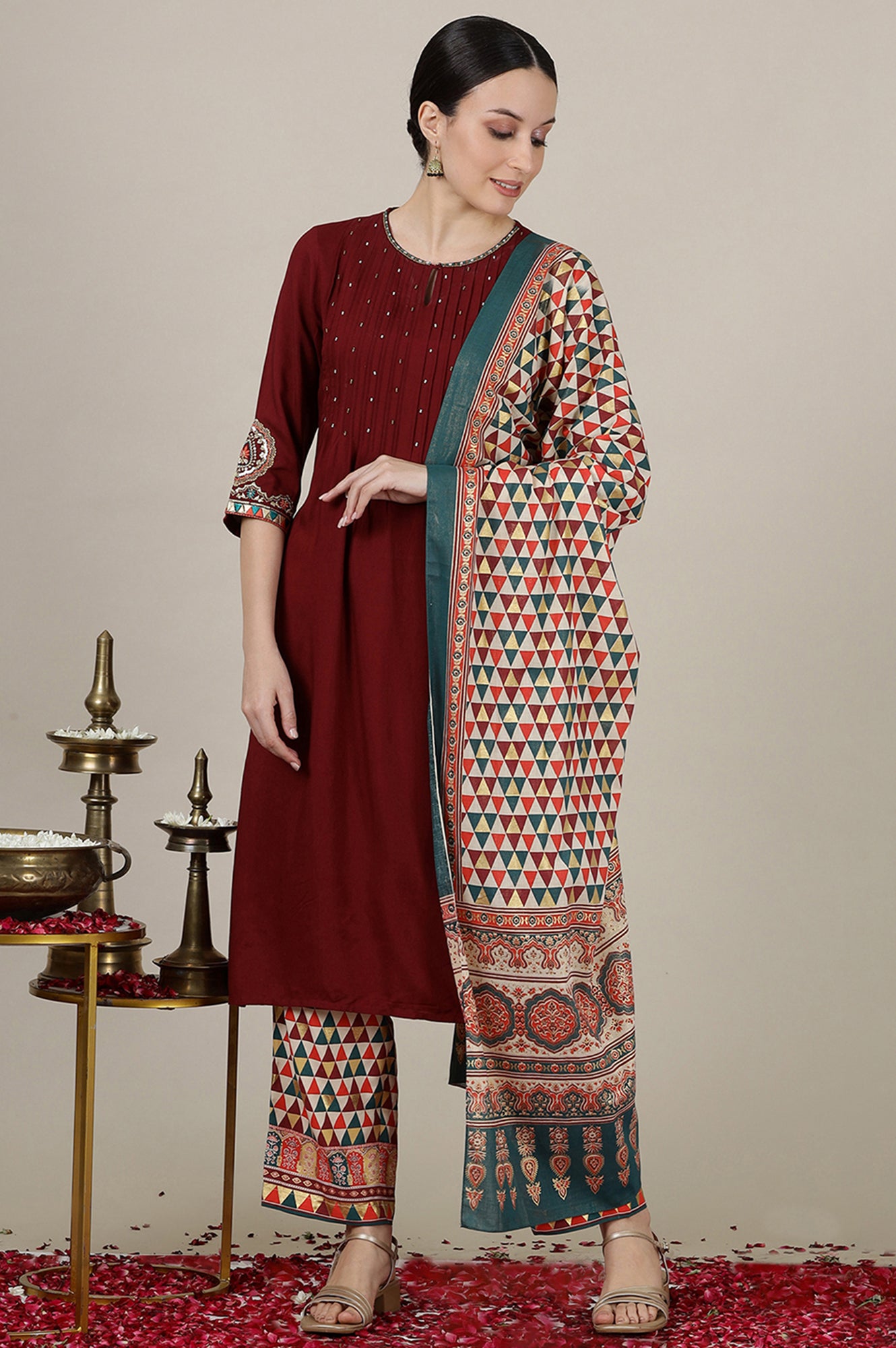 Maroon Sequined &amp; Embroidered Straight Kurta with Pleated Yoke