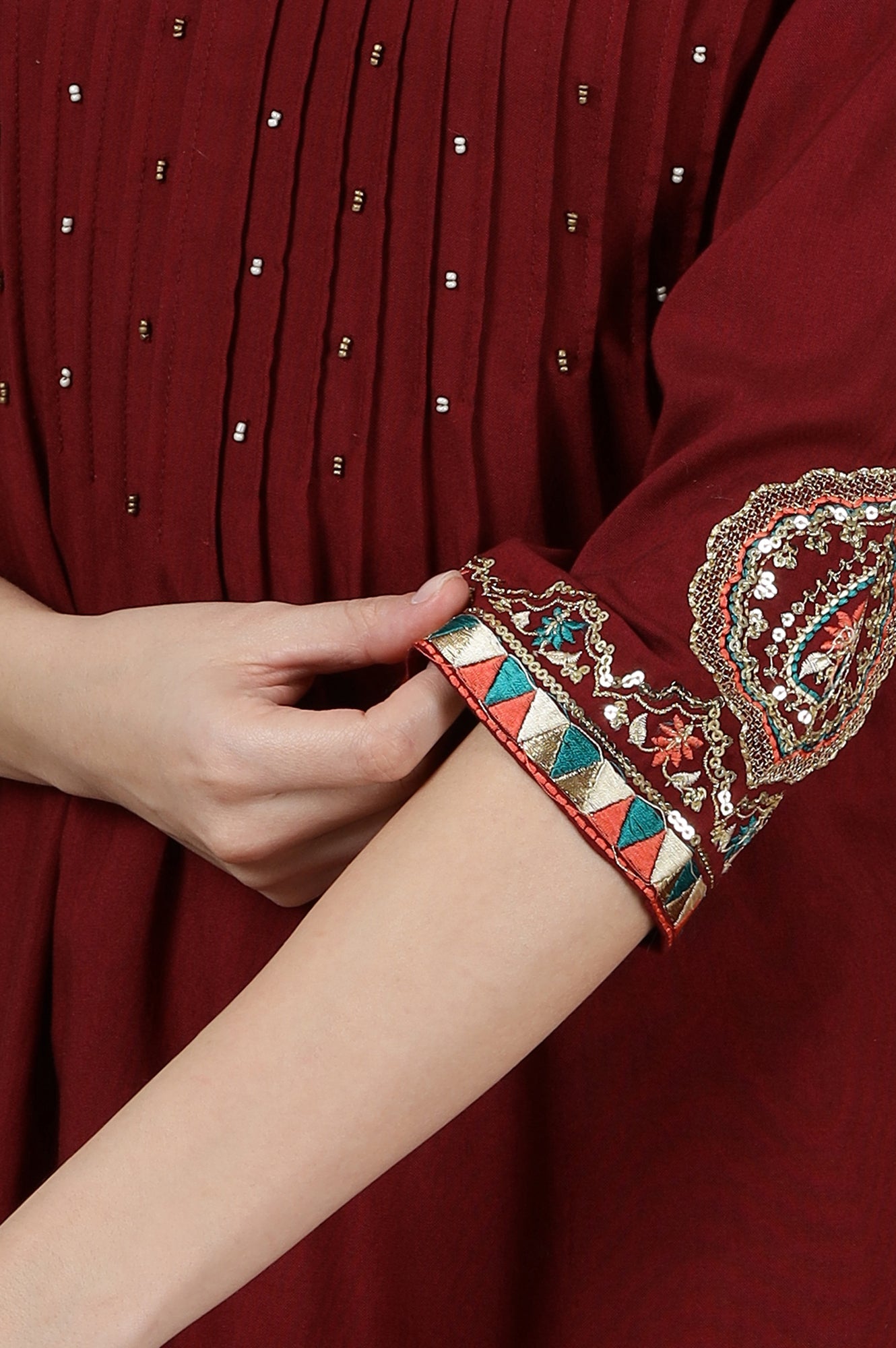 Maroon Sequined &amp; Embroidered Straight Kurta with Pleated Yoke