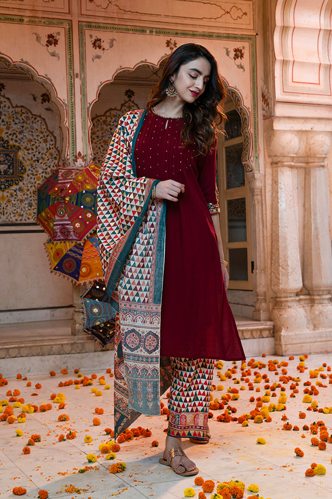 Maroon Sequined &amp; Embroidered Straight Kurta with Pleated Yoke