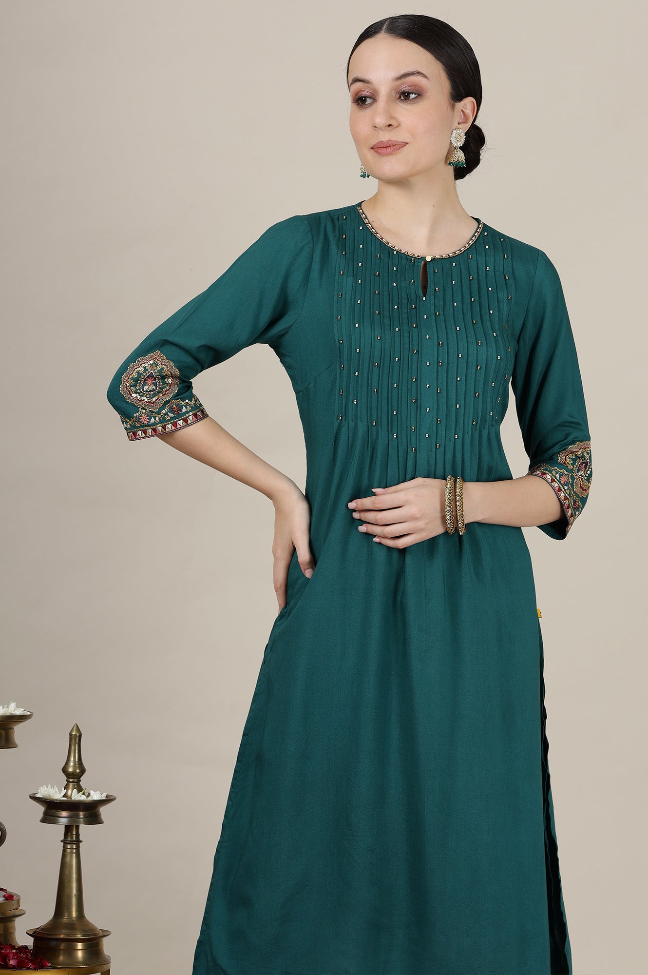 Emerald Green Sequined &amp; Embroidered Straight Kurta with Pleated Yoke