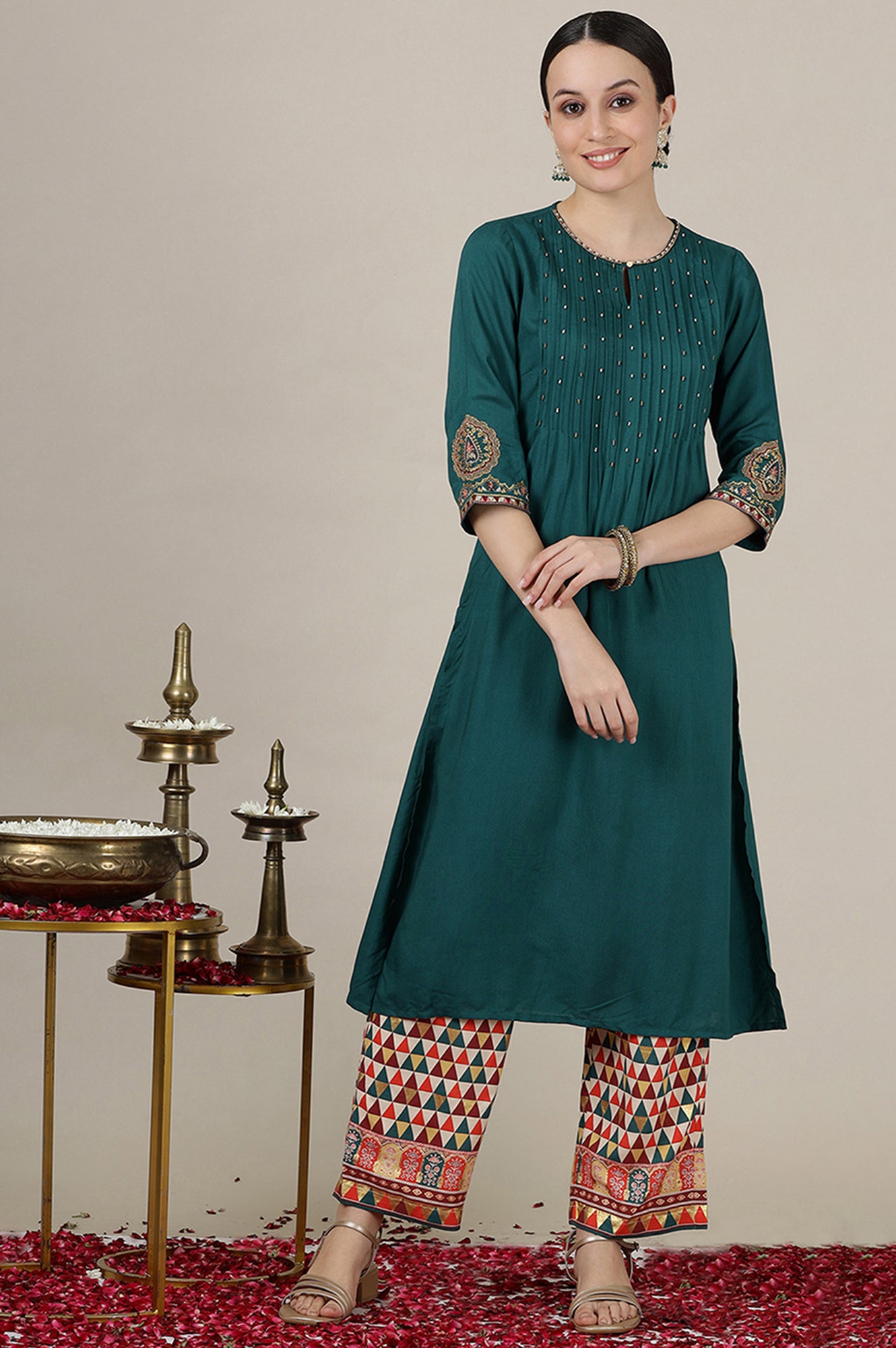 Emerald Green Sequined &amp; Embroidered Straight Kurta with Pleated Yoke