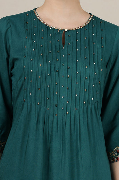 Emerald Green Sequined &amp; Embroidered Straight Kurta with Pleated Yoke