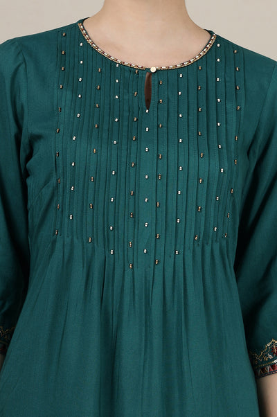 Emerald Green Sequined & Embroidered Straight Kurta with Pleated Yoke