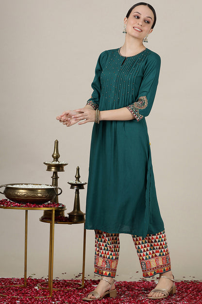 Emerald Green Sequined &amp; Embroidered Straight Kurta with Pleated Yoke