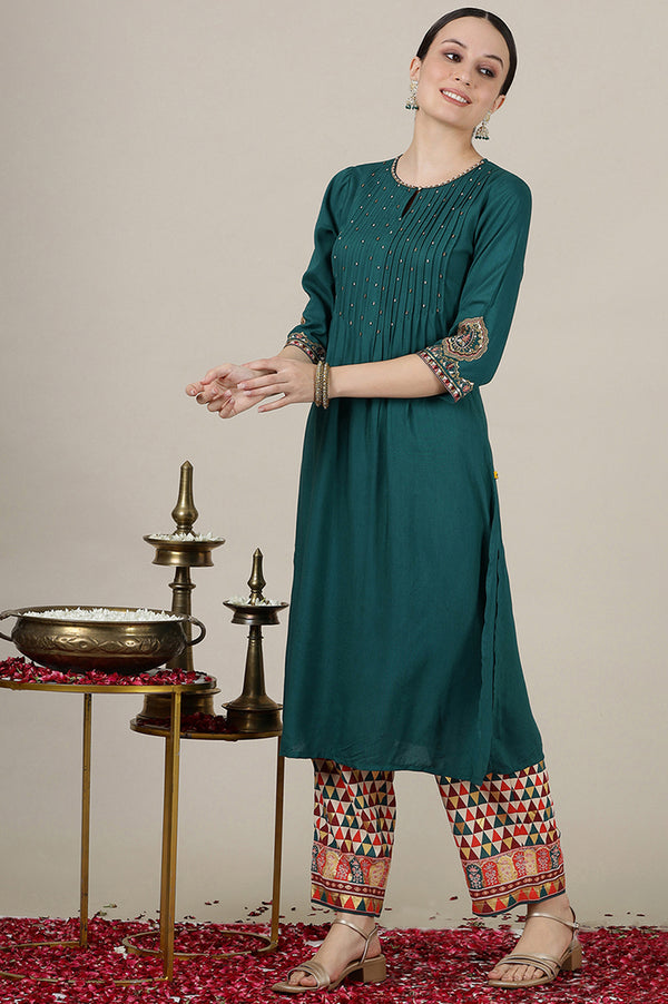 Emerald Green Sequined & Embroidered Straight Kurta with Pleated Yoke