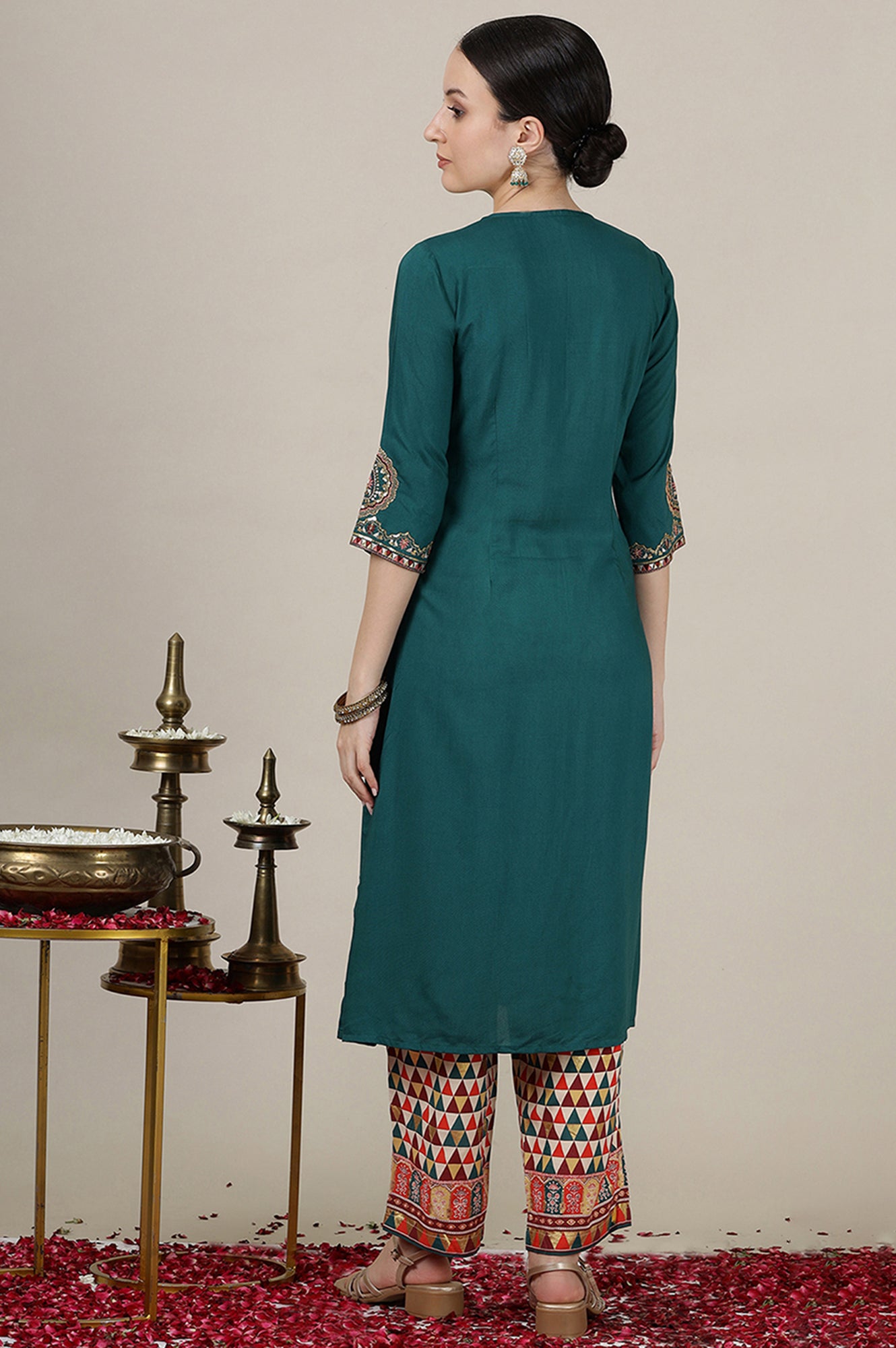 Emerald Green Sequined &amp; Embroidered Straight Kurta with Pleated Yoke