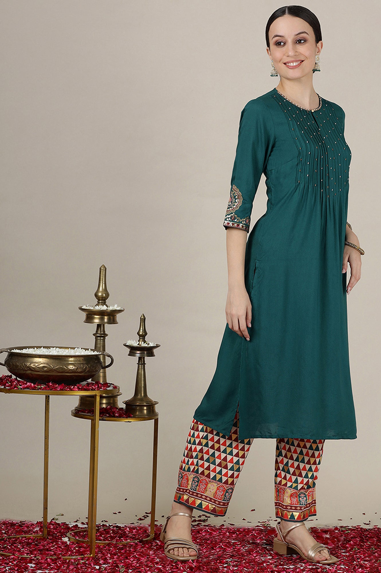 Emerald Green Sequined &amp; Embroidered Straight Kurta with Pleated Yoke